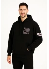 Üç İplik Kapüşonlu Ön Ve Arka Baskılı SweatShirt Hoodie - Siyah