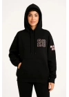 Üç İplik Kapüşonlu Ön Ve Arka Baskılı SweatShirt Hoodie - Siyah