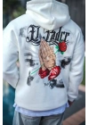 Üç İplik Penye Kapşonlu Baskılı SweatShirt - Beyaz