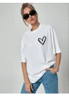 Unisex Baskılı Oversize T-Shirt - Beyaz