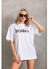 Unisex Baskılı Oversize T-Shirt - Beyaz