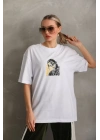 Unisex Baskılı Oversize T-Shirt - Beyaz
