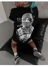 Unisex Baskılı Oversize T-Shirt - Siyah