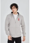 Unisex Baskılı Tam Fermuarlı Kapşonlu SweatShirt - Boyalı Gri