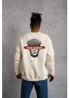 Unisex Bisiklet Yaka Baskılı Oversize Sweatshirt - Beyaz
