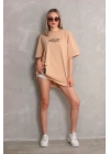 Unisex Bisiklet Yaka Baskılı Oversize T-Shirt - Bej