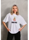 Unisex Bisiklet Yaka Baskılı Oversize T-Shirt - Beyaz