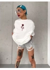 Unisex Bisiklet Yaka Baskılı Oversize T-Shirt - Beyaz