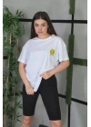 Unisex Bisiklet Yaka Baskılı Oversize T-Shirt - Beyaz
