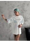 Unisex Bisiklet Yaka Baskılı Oversize T-Shirt - Beyaz