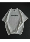 Unisex Bisiklet Yaka Baskılı Oversize T-Shirt - Beyaz