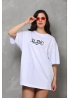 Unisex Bisiklet Yaka Baskılı Oversize T-Shirt - Beyaz