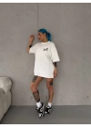 Unisex Bisiklet Yaka Baskılı Oversize T-Shirt - Beyaz