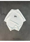Unisex Bisiklet Yaka Baskılı Oversize T-Shirt - Beyaz