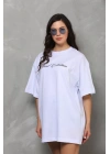 Unisex Bisiklet Yaka Baskılı Oversize T-Shirt - Beyaz