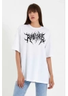 Unisex Bisiklet Yaka Baskılı Oversize T-Shirt - Beyaz