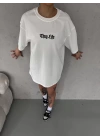 Unisex Bisiklet Yaka Baskılı Oversize T-Shirt - Beyaz