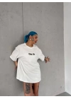 Unisex Bisiklet Yaka Baskılı Oversize T-Shirt - Beyaz