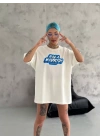 Unisex Bisiklet Yaka Baskılı Oversize T-Shirt - Beyaz