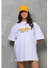 Unisex Bisiklet Yaka Baskılı Oversize T-Shirt - Beyaz