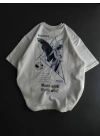 Unisex Bisiklet Yaka Baskılı Oversize T-Shirt - Beyaz