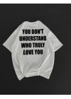 Unisex Bisiklet Yaka Baskılı Oversize T-Shirt - Beyaz