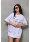 Unisex Bisiklet Yaka Baskılı Oversize T-Shirt - Beyaz
