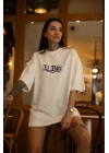 Unisex Bisiklet Yaka Baskılı Oversize T-Shirt - Beyaz