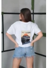 Unisex Bisiklet Yaka Baskılı Oversize T-Shirt- Beyaz