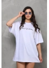 Unisex Bisiklet Yaka Baskılı Oversize T-Shirt - Beyaz