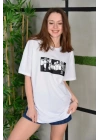Unisex Bisiklet Yaka Baskılı Oversize T-Shirt - Beyaz