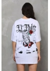 Unisex Bisiklet Yaka Baskılı Oversize T-Shirt - Beyaz