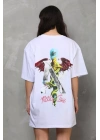 Unisex Bisiklet Yaka Baskılı Oversize T-Shirt - Beyaz