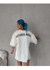 Unisex Bisiklet Yaka Baskılı Oversize T-Shirt - Beyaz