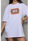Unisex Bisiklet Yaka Baskılı Oversize T-Shirt - Beyaz