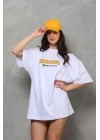 Unisex Bisiklet Yaka Baskılı Oversize T-Shirt - Beyaz