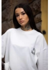 Unisex Bisiklet Yaka Baskılı Oversize T-Shirt - Beyaz