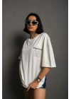 Unisex Bisiklet Yaka Baskılı Oversize T-Shirt - Beyaz
