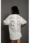 Unisex Bisiklet Yaka Baskılı Oversize T-Shirt - Beyaz