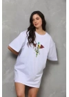 Unisex Bisiklet Yaka Baskılı Oversize T-Shirt - Beyaz
