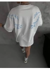 Unisex Bisiklet Yaka Baskılı Oversize T-Shirt - Beyaz