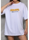 Unisex Bisiklet Yaka Baskılı Oversize T-Shirt - Beyaz