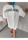Unisex Bisiklet Yaka Baskılı Oversize T-Shirt - Beyaz