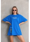 Unisex Bisiklet Yaka Baskılı Oversize T-Shirt - Mavi