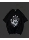 Unisex Bisiklet Yaka Baskılı Oversize T-Shirt - Siyah