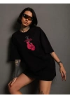 Unisex Bisiklet Yaka Baskılı Oversize T-Shirt - Siyah