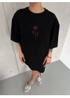 Unisex Bisiklet Yaka Baskılı Oversize T-Shirt - Siyah