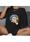 Unisex Bisiklet Yaka Baskılı Oversize T-Shirt - Siyah