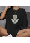 Unisex Bisiklet Yaka Baskılı Oversize T-Shirt - Siyah