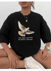 Unisex Bisiklet Yaka Baskılı Oversize T-Shirt - Siyah